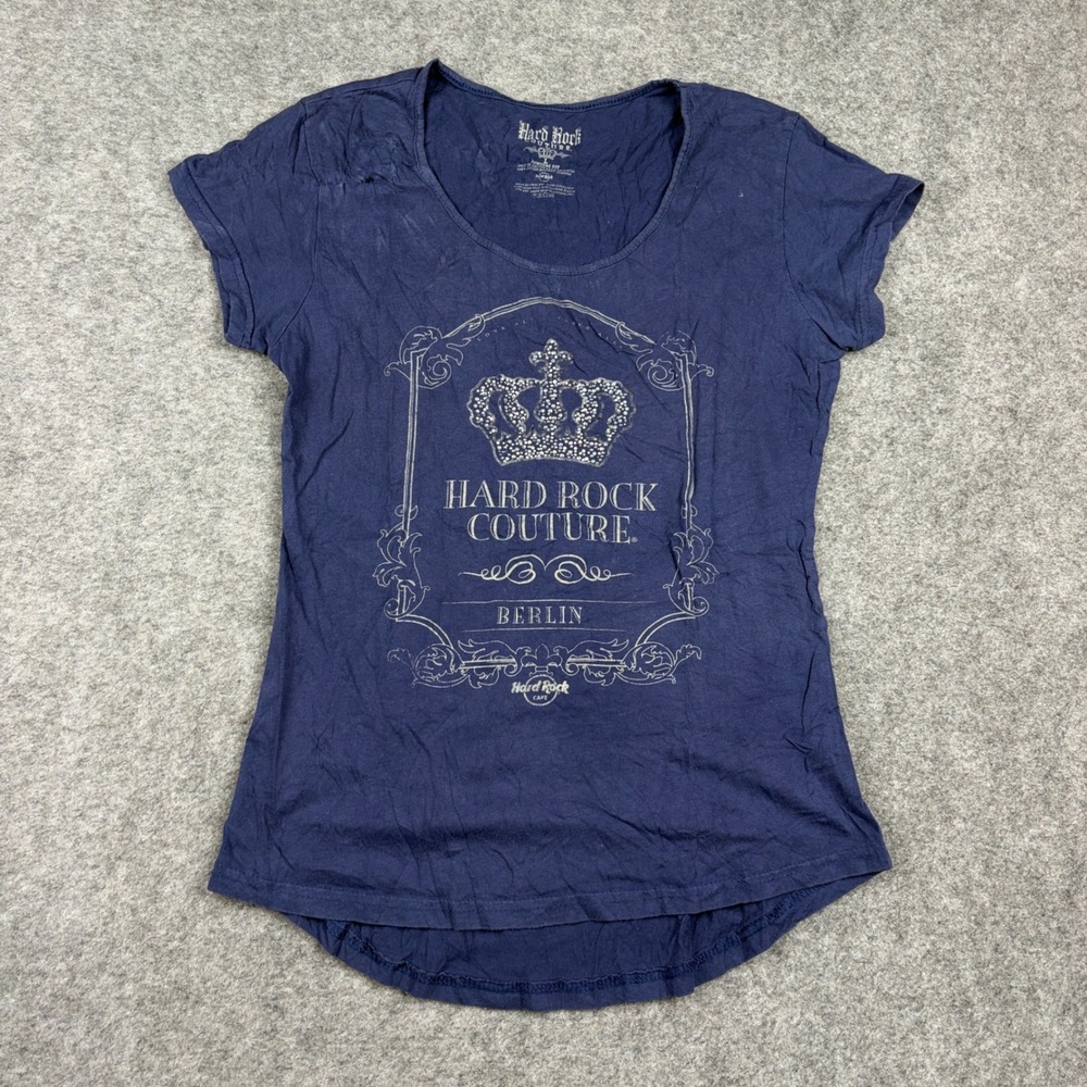 Hard Rock Couture T Shirt Womens Large Berlin Navy Blue Rhinestone Crown Graphic